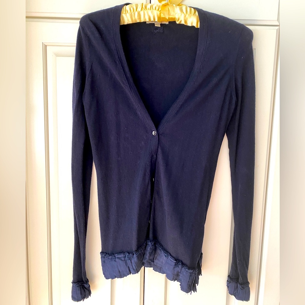 Burberry London Cashmere Silk Cardigan Sweater Navy blue Ruffle Women's S US XS